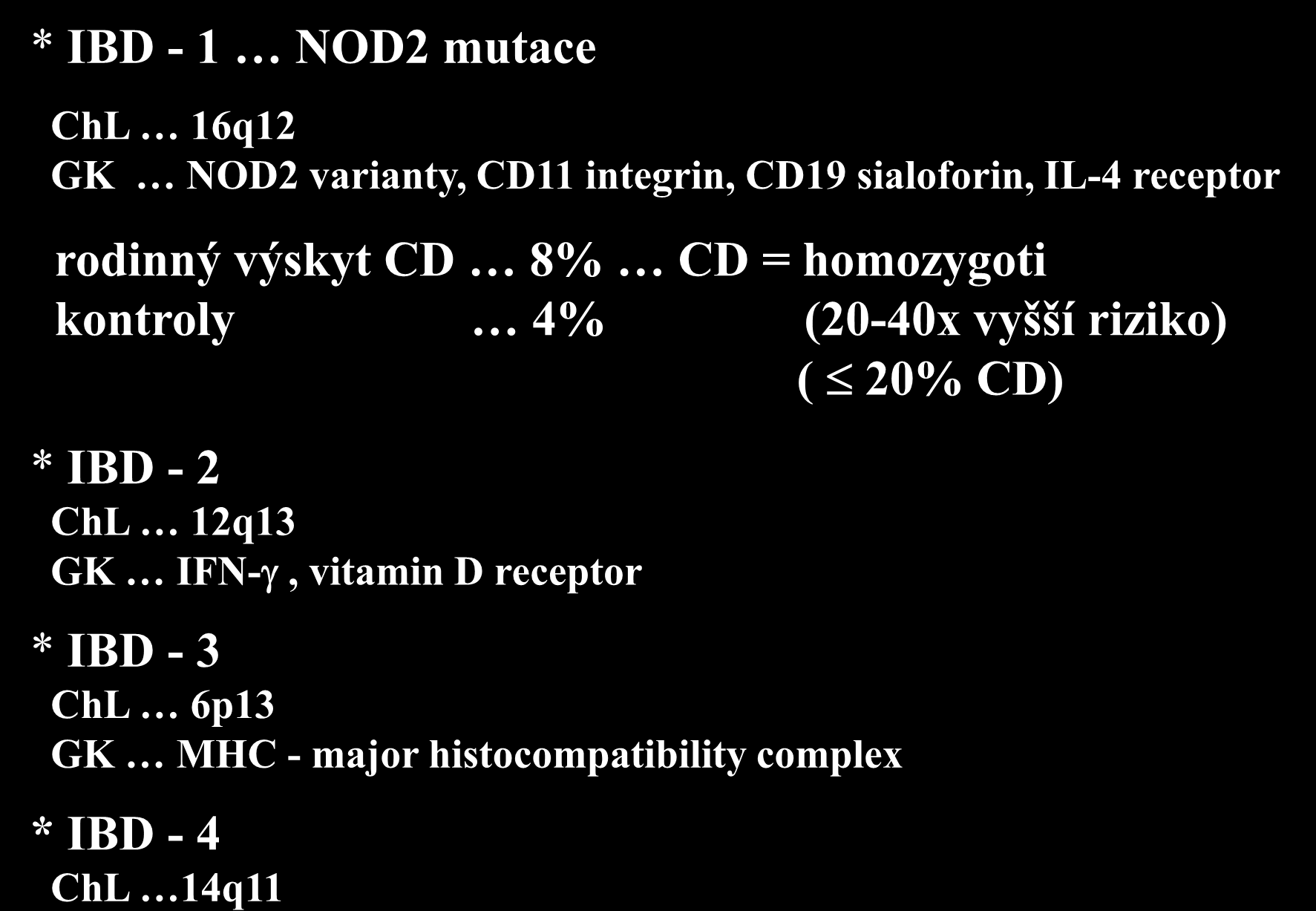 IBD - GENY * IBD - 1 NOD2 mutace ChL - chromozomální lokalizace GK - genový kandidát ChL 16q12 GK NOD2 varianty, CD11 integrin, CD19 sialoforin, IL-4 receptor rodinný výskyt CD 8% CD