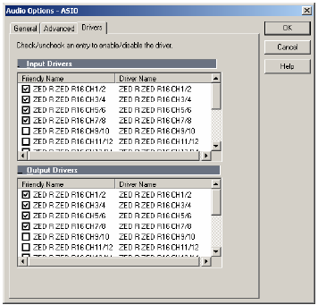Jako další krok spusťte SONAR LE. Klikněte na Options/Audio a klikněte na záložku Drivers (ovladače). Vstupní a výstupní ovladače by se měli objevit ve dvou oknech.