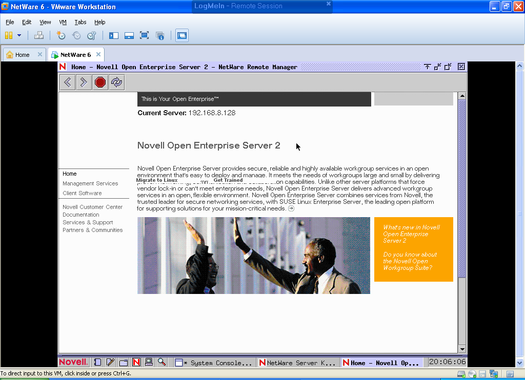 Obrázek č. 42: Uvítací strana Novell Enterprise Server 2 Zdroj: vlastní 6.3 Webový přístup v praxi Při vložení adresy serveru do webového prohlížeče na domácí stanici.
