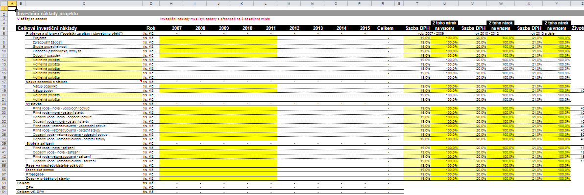 Zprávě k FA/FEA. V mdelu verze 17.3 jsu výše uvedené slupce se sazbu DPH v listu Excelu psunuty vzhledem k tmu, že je mžné zadávat investiční náklady až d rku 2020.