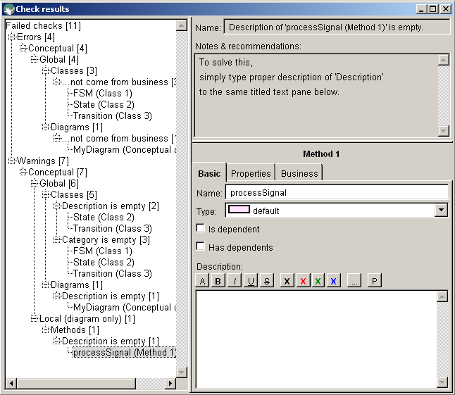 4.7 Eclipse Modeling Framework 41 Obrázek 7: Craft.CASE - Výsledky kontrol modelu. V pravé horní části je popis chyby (resp. varování) včetně návodu na její odstranění.