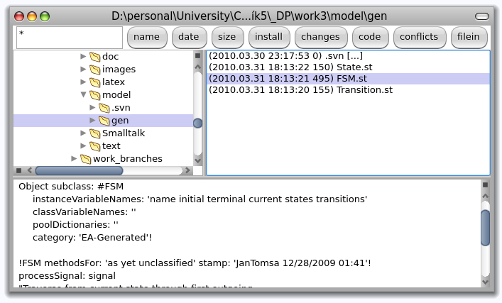 4.9 Enterprise Architect 48 Obrázek 13: Pharo - import vygenerovaného souboru (tlačítkem filein). Zabudované jsou transformační šablony pro DDL, C#, Java, EJB a XSD.