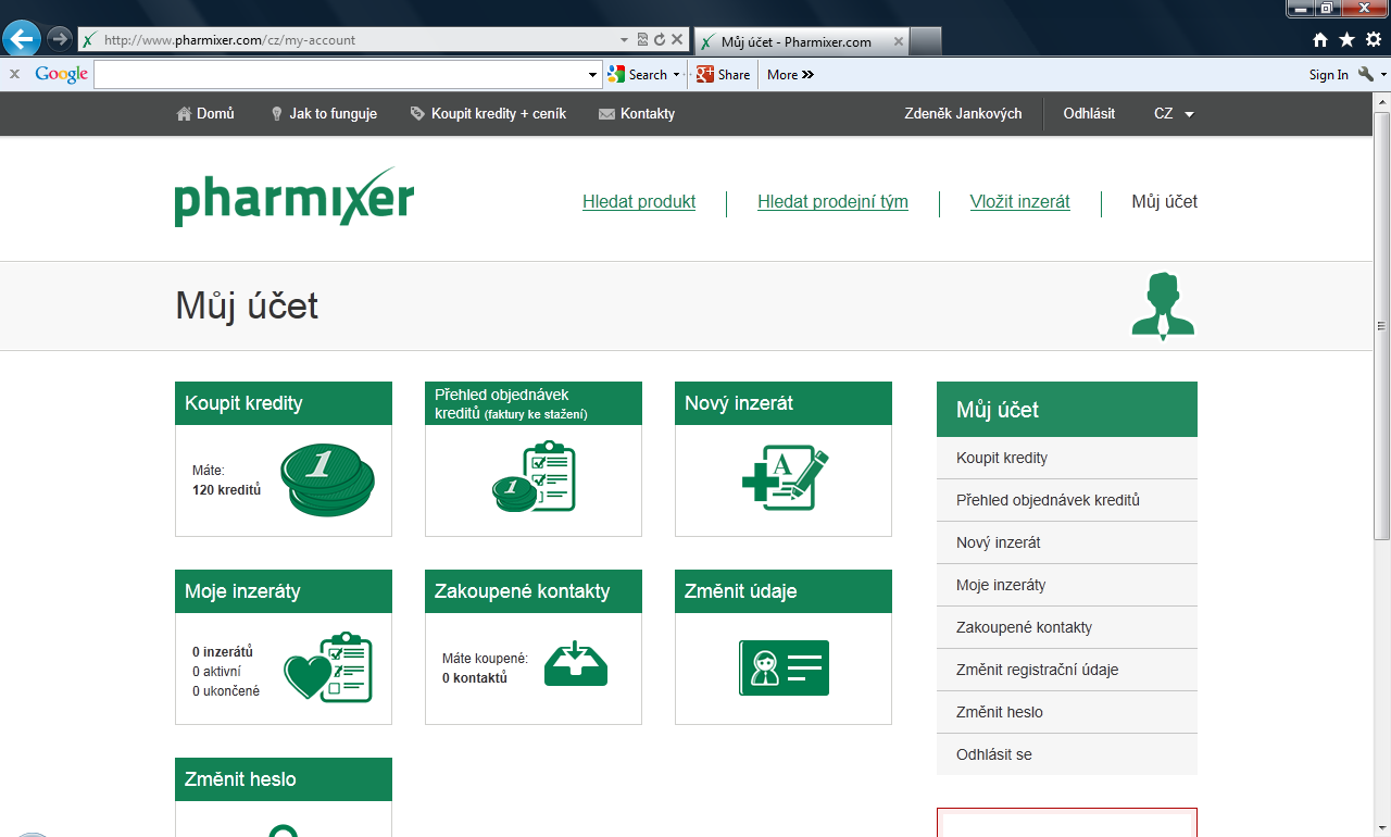 Poslední stránkou je Můj účet s přehledem kreditů, faktur, mých inzerátů,