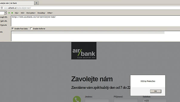 1.3 XSS - Cross-Site scripting 9 1.3.3 Ukázka Na obrázku 1.2 můžeme vidět úspěšný nepersistentní XSS útok na serveru air/bank.