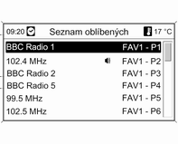 134 Informační systém Při aktivní hlavní nabídce rádia stisknutím ovladače MENU otevřete nabídku příslušného vlnového pásma.