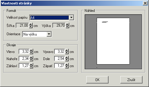 Stránka Zde je možné nastavit vlastnosti zobrazované stránky na výstupu. Kromě formátu stránky se dají upravit i okraje a orientace stránky.