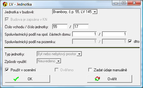 Pokud je oceňovaných jednotek více je nutno již na kartě Titulní strana použít režim Nemovitosti jsou zapsány na více LV v jednom KU a nemovitosti vyplňovat postupně po jednotlivých listech