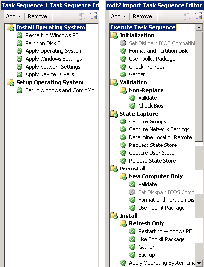 3.1.1. PREREKVIZITY A KONFIGURACE Ilustrace 6: rozdíl mezi TS vytvořeným v samotném SCCM (vlevo) a MDT (vpravo) Je také potřeba nainstalovat WAIK [24] (Windows Automated Installation Kit), který mimo