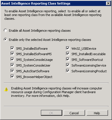 3.3.2. SCCM MONITOROVÁNÍ Ilustrace 20: Asset Intelligence Reporting Class Pokud chceme sbírat i data o použitých CAL [44] licencích, musíme manuálně modifikovat [45] dva soubory, configuration.