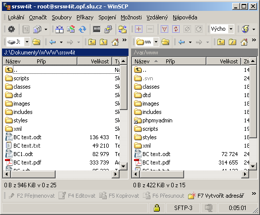 Obr. 5 Okno správce souborů WinSCP Zkušební data Teprve na virtuálním serveru bylo možné otestovat aplikaci jako celek.