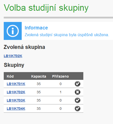 Uložení vybrané studijní skupiny: Kliknutím na kód studijní skupiny se nám zobrazí