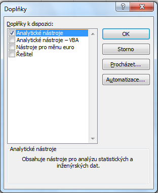 Obrázek 2 Dialogové okno pro výběr doplňků Následuje další dialogové okno, v němž je třeba zatrhnout položku Analytické nástroje a potvrdit tlačítkem OK. Instalace doplňků je tak spuštěna.