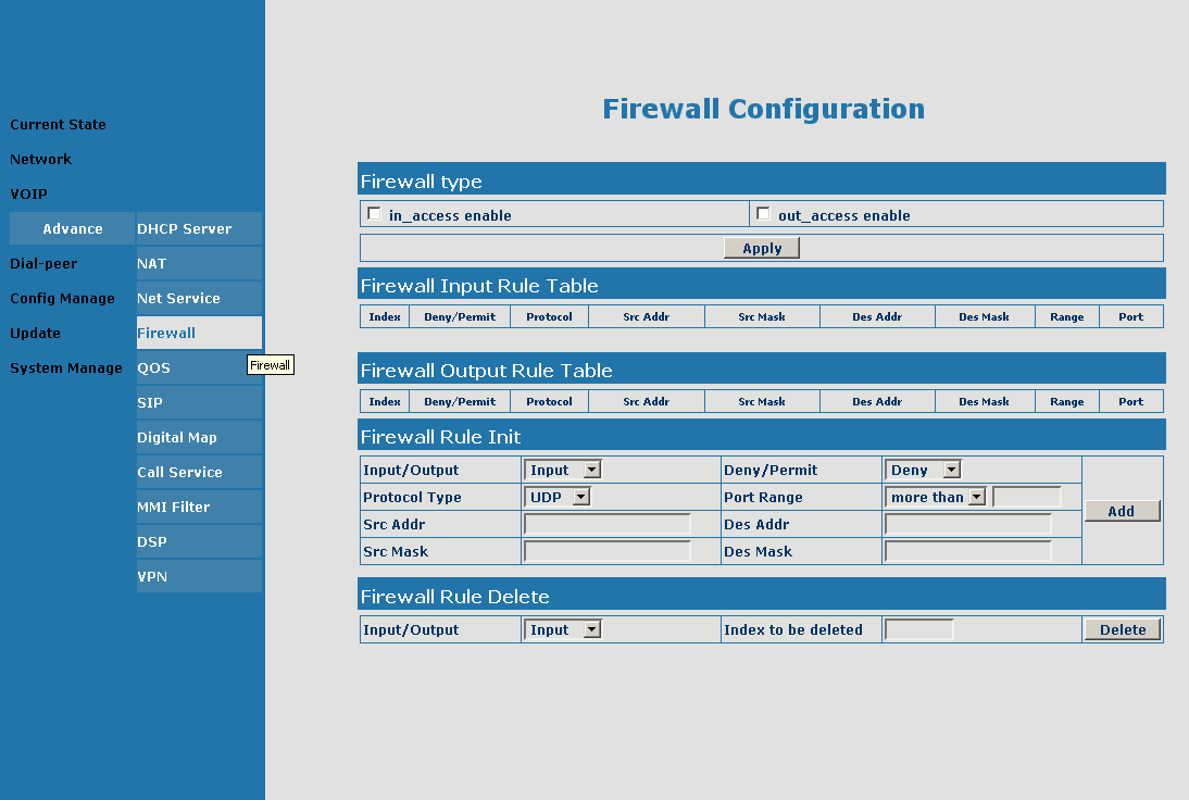 Net Service nastavení přístupu webkonfigurace Port Set nastavení portů HTTP Port - Port, na kterém běží web management VoIP brány Telnet Port - Port na připojení přes telnet k VoIP bráně RTP Initial