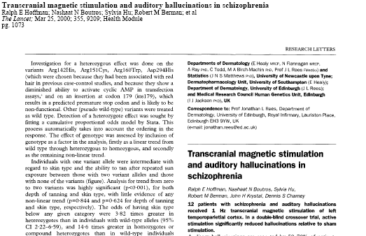 Pionýrská práce testující rtms v léčbě sluchových halucinací (Hoffman et al.