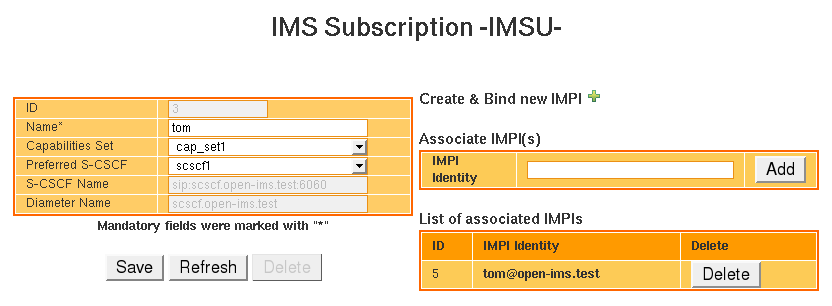 Open IMS Core 56 Obr. 5-12 Přehled všech dostupných IMSU Obr. 5-13 Detail nastavení IMSU pro uživatele "tom" Nyní vytvoříme soukromou identitu uživatele, kterou přiřadíme uživateli tom.