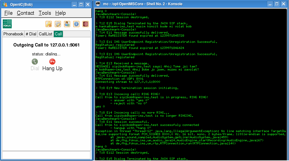 Open IMS Core 69 Na Obr. 5-31 vidíme spuštění klienta "Tom" v konzolovém režimu, jeho úspěšné připojení k proxy serveru P-CSCF a ustálení spojení TCP/UDP na portu 5061.