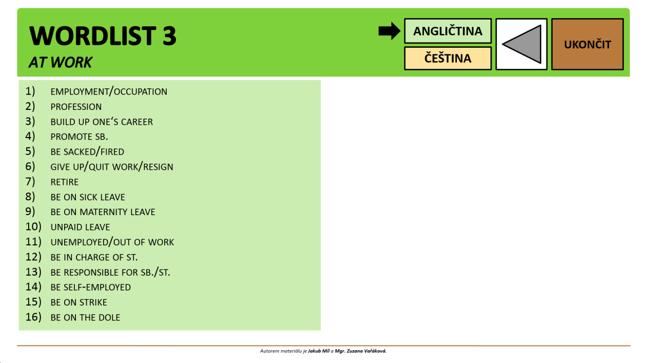 Slovní zásoba V každé části programu jsou k dispozici Wordlisty, tedy listy se slovní zásobou k danému tématu. Zpravidla se nachází ke konci lekce (až za cvičeními).