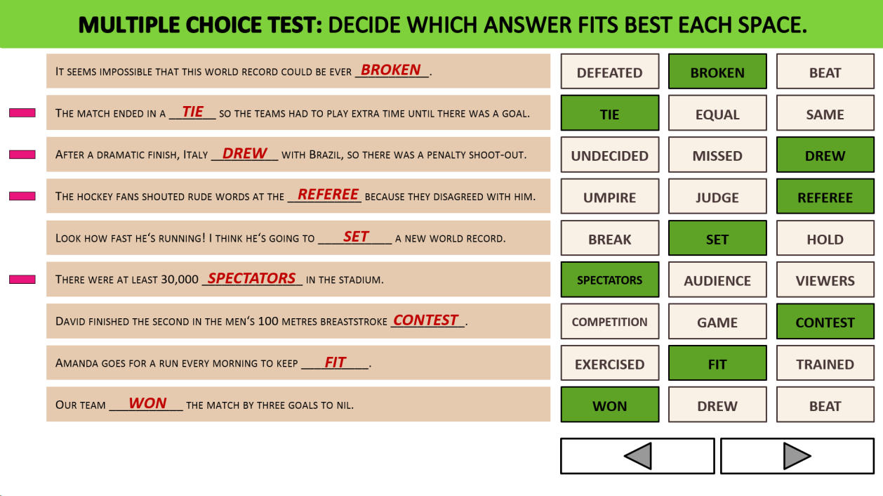 Na dvou následujících obrázcích je zobrazen tzv. MULTIPLE CHOICE TEST. Do věty máme vložit vhodné slovo z nabídky vpravo. Vybráním jedné možnosti bude odpověď zaznamenána a nelze ji dále měnit.