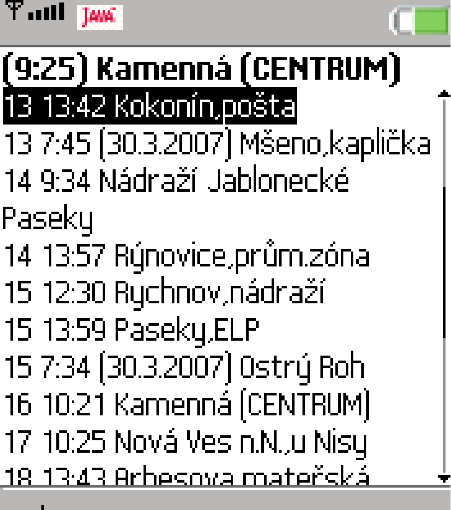 Odjezdy ze zastávky V některých případech se hodí přehledná informace o nejbližších odjezdech linek z určité zastávky. Na hlavní obrazovce programu zvolíte příkaz "Odjezdy".