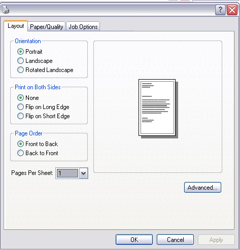 Emulace PS (MB470/MB480) Karta Layout (Rozvržení) My Printer Printing Preferences 1 2 3 4 5 1. Orientaci stránky lze nastavit na výšku, na šířku, nebo na šířku v poloze otočené o 180. 2. Tisk na obě strany (duplexní tisk) lze nastavit pro dlouhý nebo krátký okraj dokumentu.