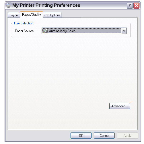 Karta Paper/Quality (Papír/Kvalita) Můžete nastavit zdroj papíru nebo ponechat automatický výběr a pomocí tlačítka Advanced (Upřesnit) lze přistupovat ke stejným možnostem, jaké jsou popsány výše u