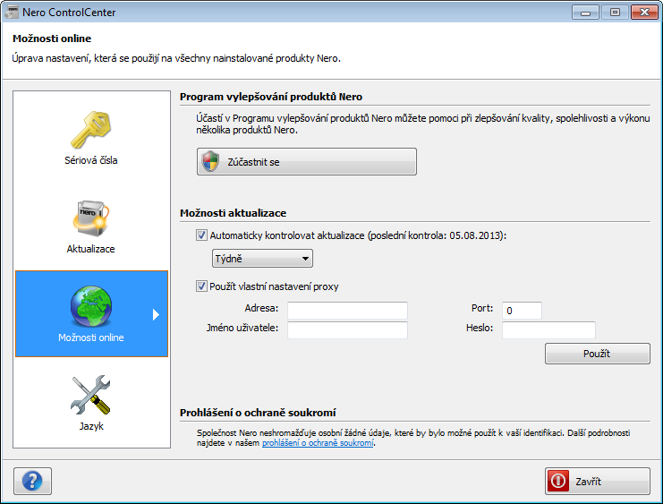 Možnosti online Možnosti online Pokud je zapnuta automatická kontrola aktualizací pomocí aplikace Nero ControlCenter a aktualizace jsou