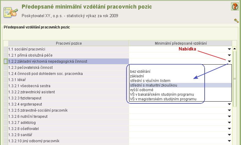 8.2.14.3 Pracovní pozice a minimální požadované vzdělání Formulář se otevře z formuláře Seznam karet zaměstnanců přes ikonu Předepsané vzdělání pracovních pozic.