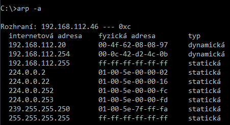 Address Resolution Protocol = Výpis MAC