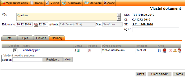 4.3.2 Záložka Spis Záložka je zobrazována pouze u dokumentů, které jsou vloženy do spisu a zobrazuje seznam dokumentů, které se nacházejí ve stejném spisu jako zobrazený dokument. 4.3.3 Záložka Historie Záložka zobrazuje záznam činností (založeno, vyřízeno, ), které s dokumentem/spisem uživatelé vykonali.
