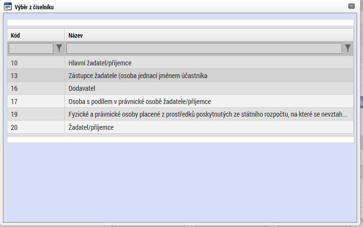 Výběr typu subjektu z číselníku Pole Kód státu je předvyplněno CZE/Česká republika. (lze změnit výběrem z číselníku).