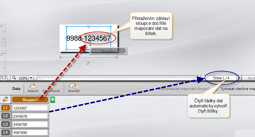 Práce s daty Mapování dat Postup importu dat: 1. Klepněte na v Editoru dat. Zobrazí se dialogové okno Import dat. 2. V nabídce Vyberte datový soubor klepněte na Procházet.