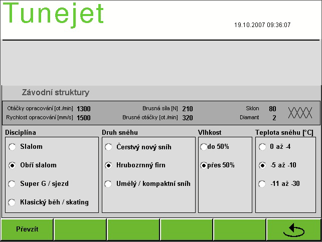 8.2.4 Závodní struktury Na základě výběru parametrů teplota sněhu/vzduchu, druh sněhu, vlhkost vzduchu a disciplína (alpská a nordická) vypočítá stroj správnou závodní strukturu a nastaví se