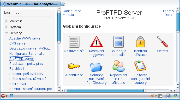 7. Základní konfigurace FTP serveru - se provede (pro zkušené) prostou editací soboru /etc/proftpd.