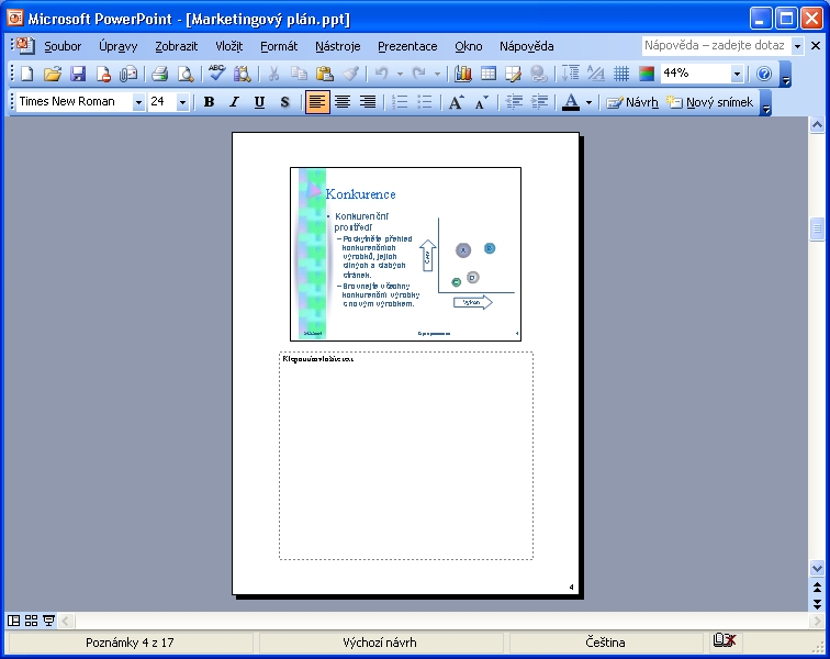 6 Microsoft Office PowerPoint 2003 Poznámky (viz obrázek 1-5) nabízejí velkou pracovní plochu, do níž můžeme zapisovat textové poznámky ke snímku. Toto zobrazení zapneme příkazem Zobrazit, Poznámky.