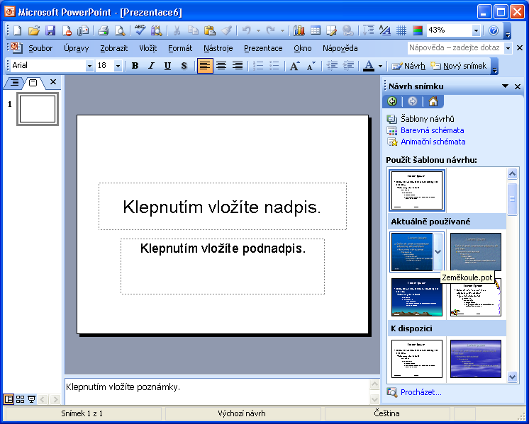 12 Microsoft Office PowerPoint 2003 Při vytvoření nové prezentace a aplikaci šablony návrhu postupujeme následovně: 1.