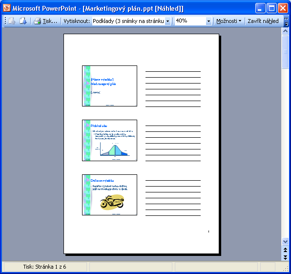 70 Microsoft Office PowerPoint 2003 werpoint navíc po pravé straně linky, do nichž si každý může zapisovat svoje vlastní poznámky; tyto linky jsou viditelné pouze při zobrazení podkladů v tiskovém