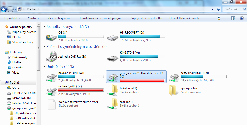 Okno průzkumníka V okne Počítač najdeme ikony všech disků, které jsou v poočítači dostupné. Tj.