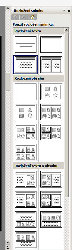 9.3.2 Rozložení snímků V PowerPoint máme možnost zvolit rozložení snímku, kde si máme možnost určit si rozložení textu a obsahu. V nabídce Formát klikneme na Rozložení snímků.