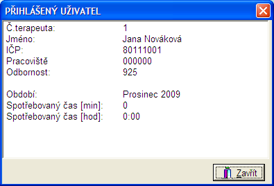 NASTAVENÍ 6.8 Přihlášený terapeut Výchozí stav: Hlavní menu programu Volba: Nastavení - Přihlášený uživatel Tato volba informaci o přihlášeném uživateli.