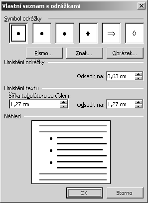 Pomocí tohoto menu lze nastavit různé typy odrážek a různé způsoby a úrovně číslování. Tlačítkem Vlastní máte možnost nastavit všechny požadované parametry pro dané číslování nebo odrážky. 9.