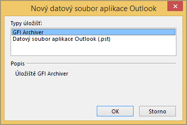 Snímek obrazovky 12: Přidání nové poštovní schránky 2. V dialogovém okně vyberte v kartě položku Poštovní schránka GFI Archiver a klikněte na volbu Přidat. Snímek obrazovky 13: Volba typu úložiště 3.