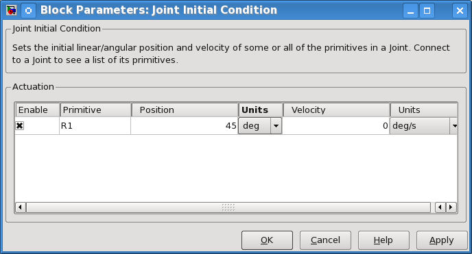37. Dvojklikneme na blok Joint Initial Condition v okně dvojite_kyvadlo. Nastavíme zde počáteční podmínky pro pohyb prvního kyvadla 1. zvolíme položku ve sloupci Enable 2.