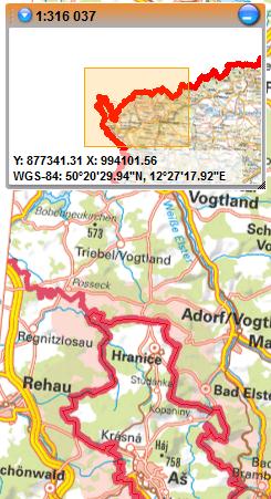 Přehledová mapa Přehledová mapa má menší měřítko než vlastní mapový výřez a slouží pro znázornění výřezu a jeho okolí na mapě České republiky.