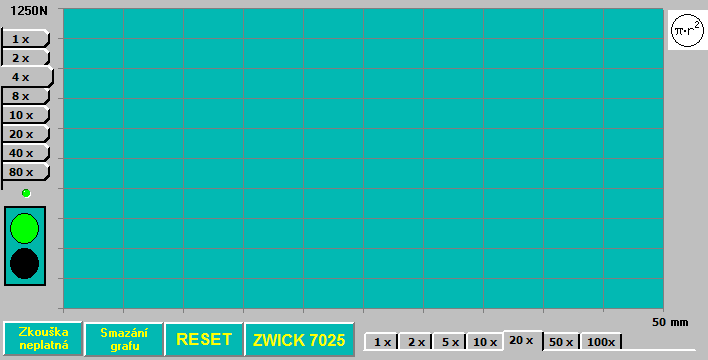 Osu x a y grafu si zvolíme podle povahy zkoušky (maximální pevnost a maximální tažnost). Ke každé měřící metodě je možné zvolit jiné nastavení a v okně potvrdit uložením do paměti.