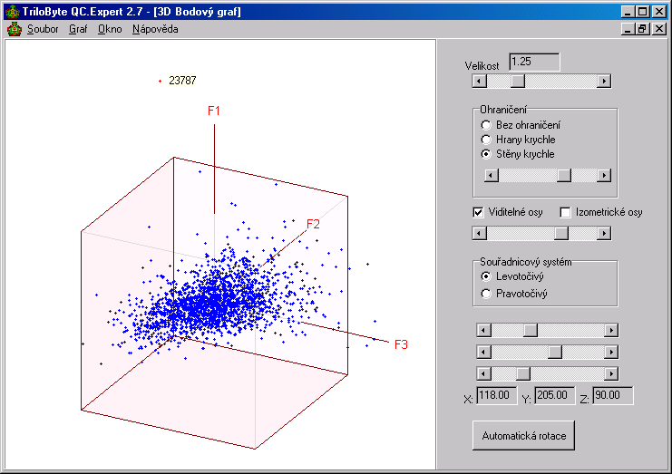 D E F G 3D-bodový graf Tento graf zobrazí 3 sloupce vybrané v dialogovém okně Grafy (Obrázek 1, str. 2) v prostorovém zobrazení.