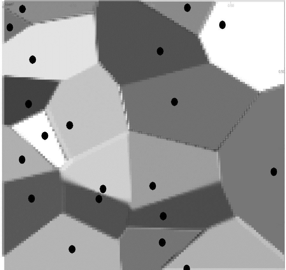 Obrázek 14 a,b,c,d 2D-pohledy na stejný graf (a) při různé jemnosti sítě (20, 50, 100 dílků) Voronoiovy mapy. Pomocí jádrového odhadu s velmi nízkým vyhlazením lze konstruovat tzv.
