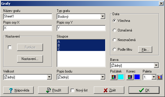 Popis osy X a Y se zadá text pro osy. Ze seznamu Typ grafu se vybere požadovaný graf. Nastavení a výběr sloupců závisí na vybraném typu grafu a bude popsáno v jednotlivých odstavcích níže.