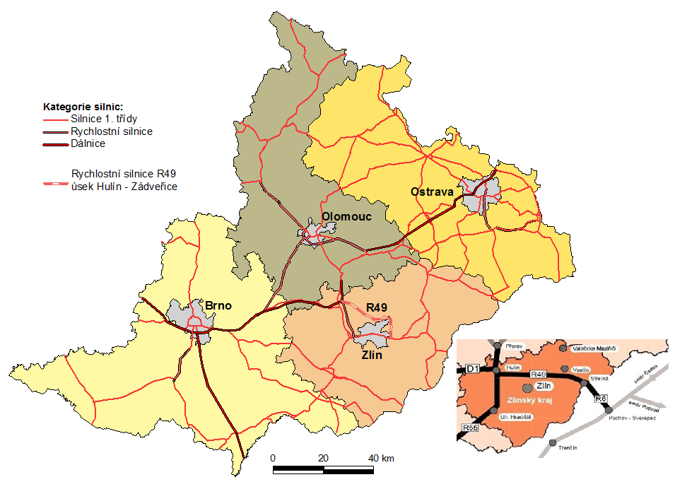 Mapa B-8: Plánované trasování rychlostní silnice R49 v úseku Hulín - Fryšták - Zádveřice Zdroj: