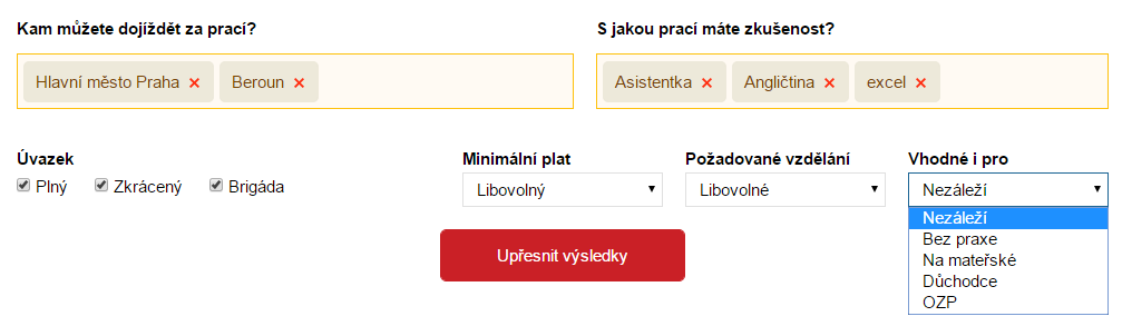 Filtr: Pro koho je práce vhodná? Nově jsme zavedli filtr Vhodné i pro.