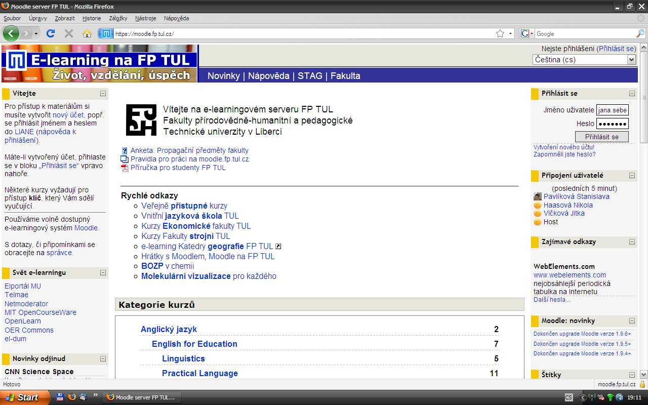 3.1. Popis fakultního serveru Moodle Konkrétní podobu e-learningového serveru Moodle, kterou pouţívá Fakulta přírodovědně-humanitní a pedagogická Technické univerzity v Liberci, naleznete na této